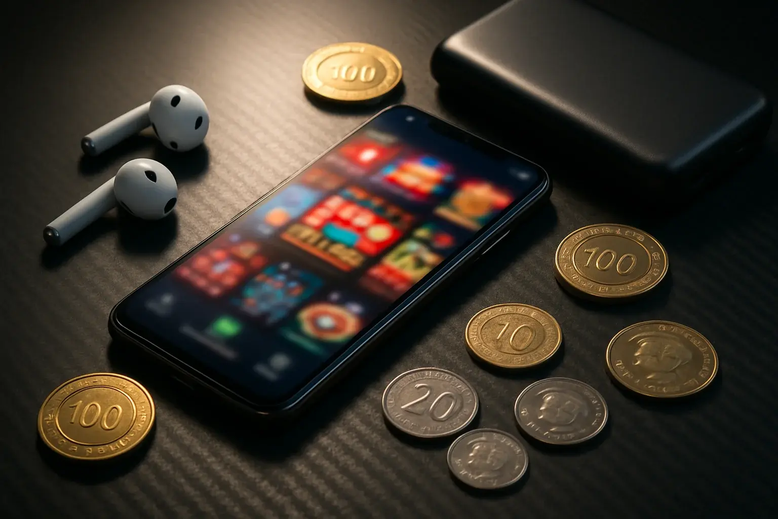 Ultra-realistic flat-lay of Android casino app with chips and peso coins