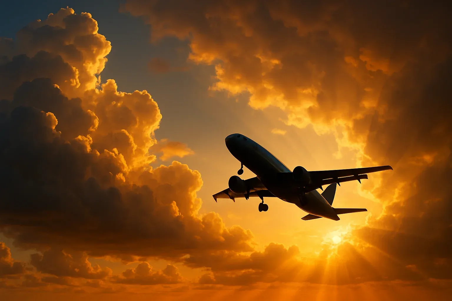 Modern plane silhouette ascending through golden-hour clouds with dramatic sun rays