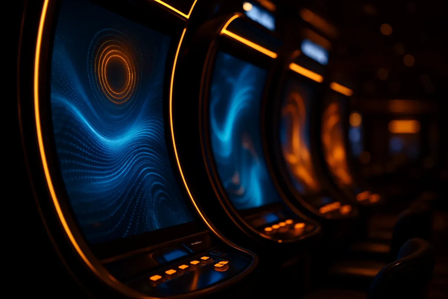 Curved slot machine screens glowing in a dark blue and gold lounge