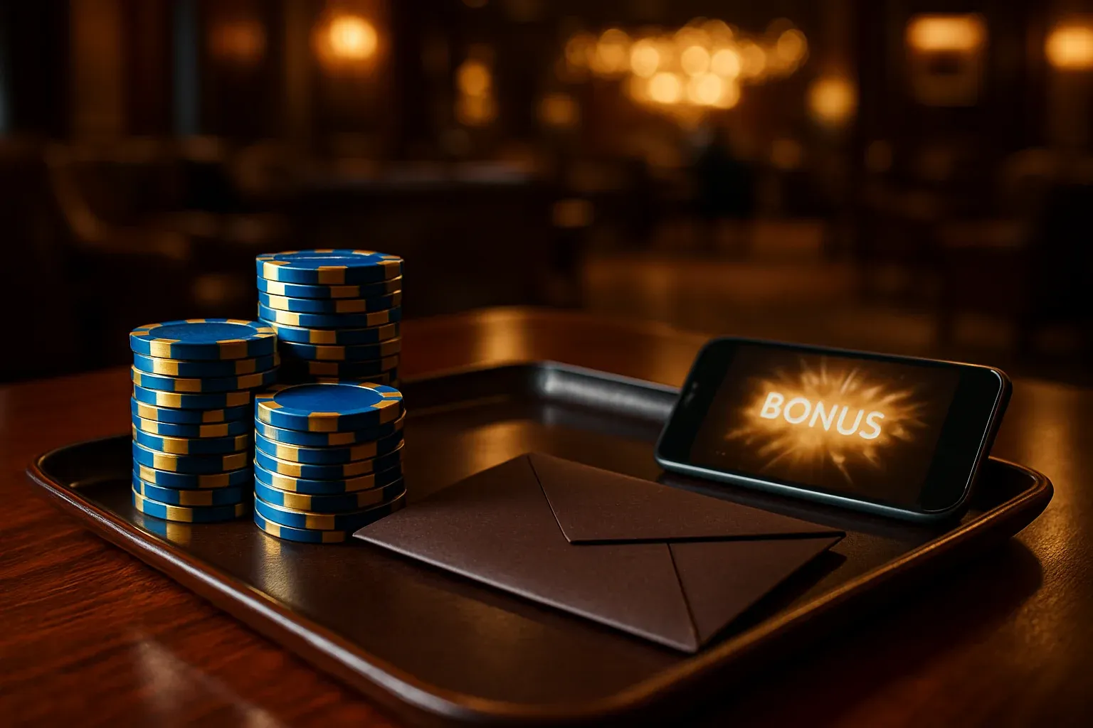 VIP casino bonus tray with blue gold chips, envelope, smartphone in Manila lounge