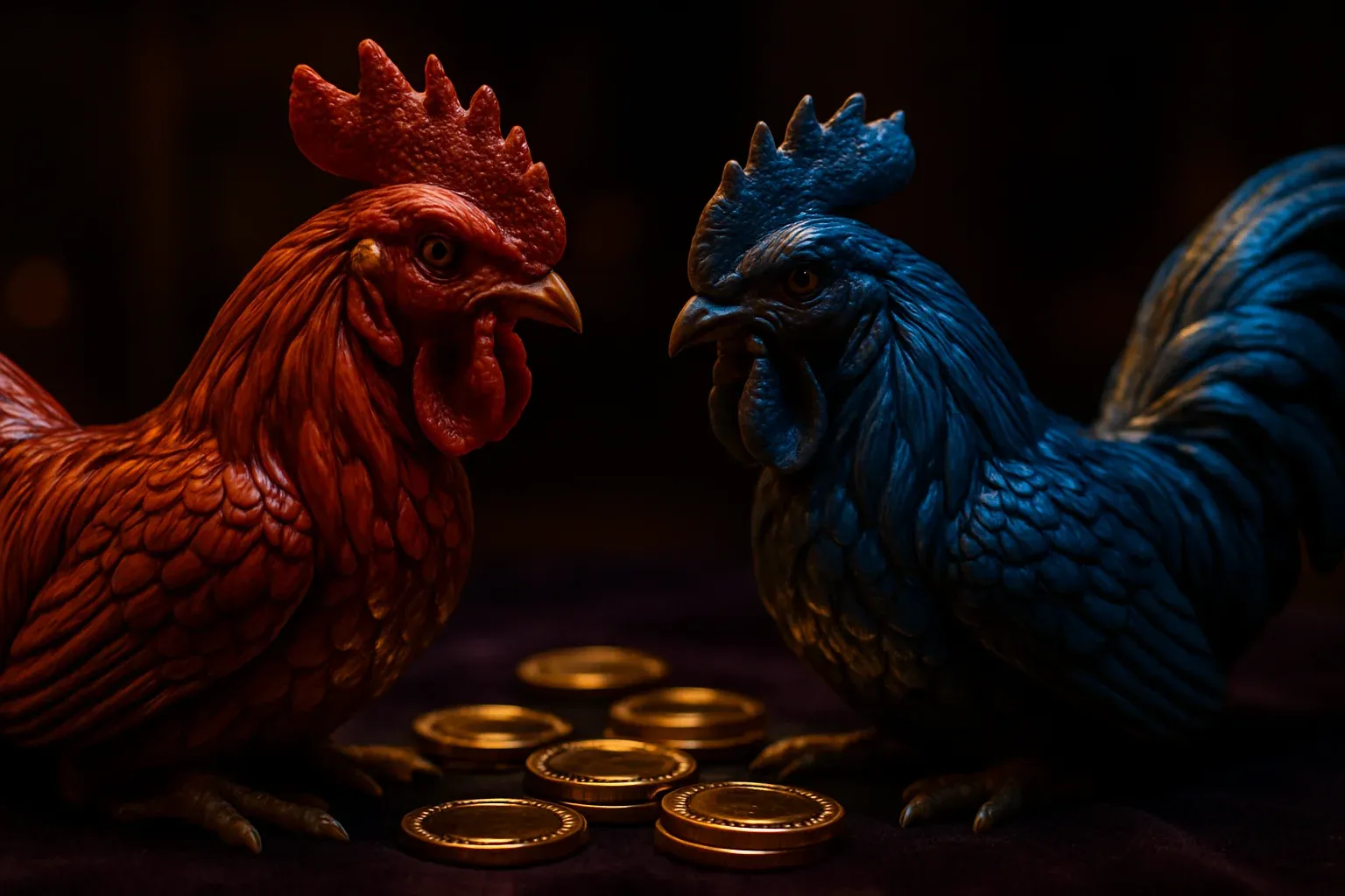 Red and blue fighting rooster statuettes facing off with golden casino chips