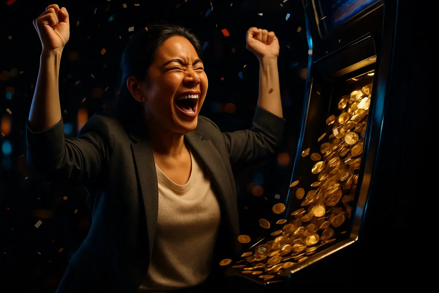 Filipino woman celebrating slot machine jackpot as golden coins and confetti fall