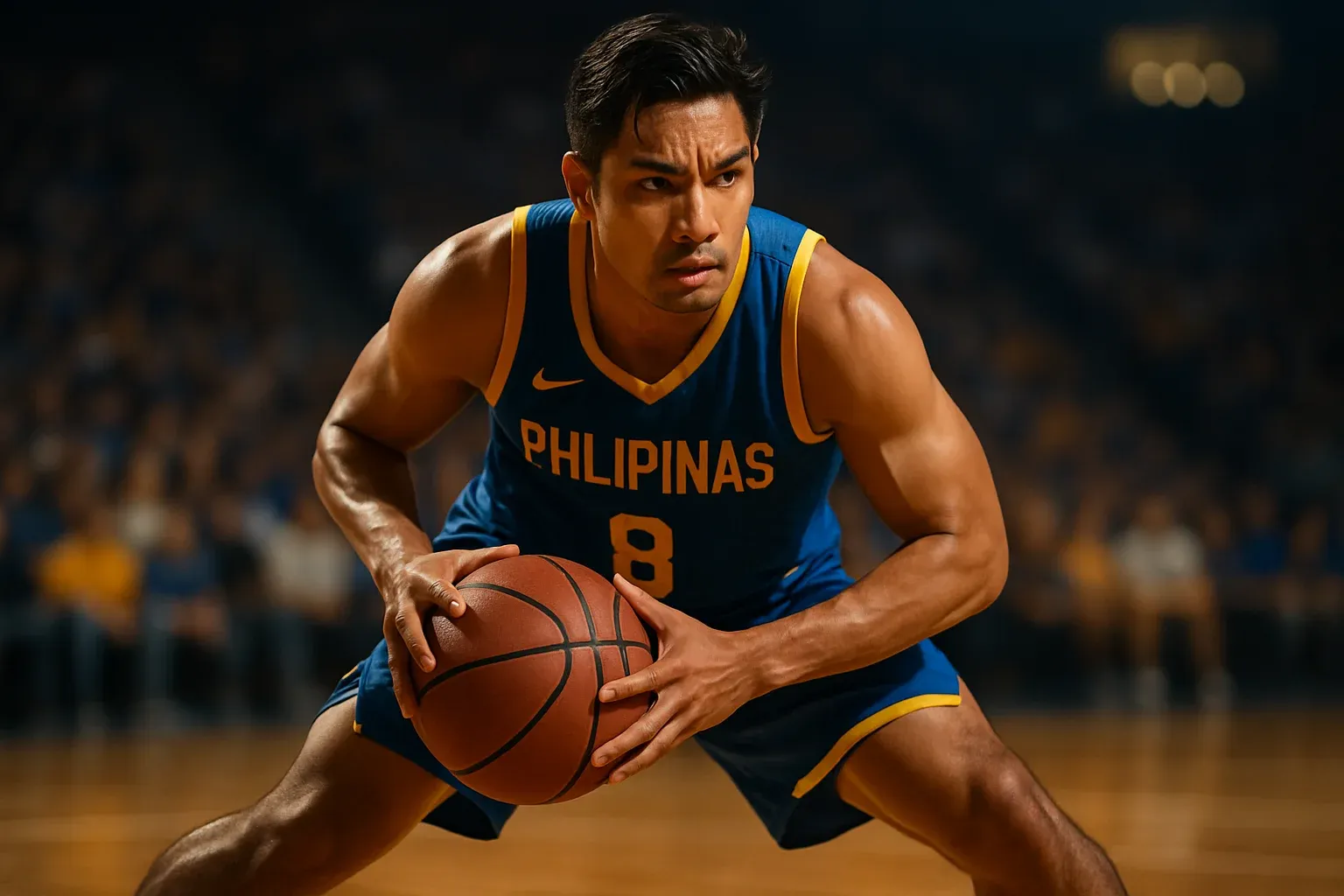 Ultra-realistic Filipino basketball player dribbling mid-court under arena lights